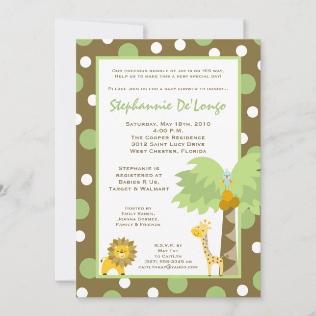 Invitation au Baby shower animal Jungle Safari 5x7 (Devant)