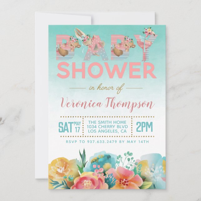 Invitation au Baby shower animal mignon (Devant)
