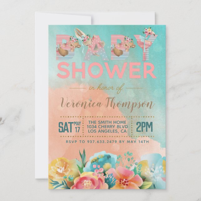 Invitation au Baby shower animal mignon (Devant)