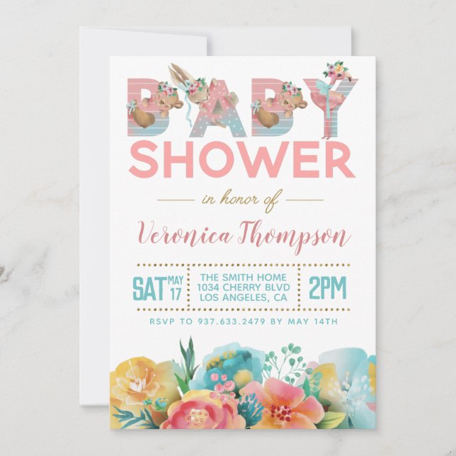 Invitation au Baby shower animal mignon (Devant)
