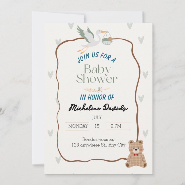 Invitation au Baby shower animal mignon (Devant)