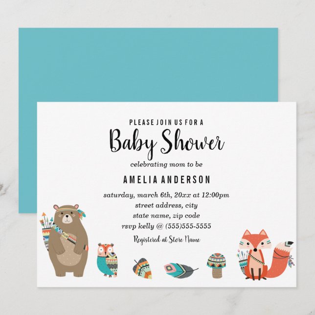 Invitation au Baby shower animal tribal bleu (Devant / Derrière)
