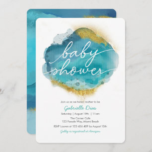 Invitation au Baby shower Aqua Blue et Gold Ocean