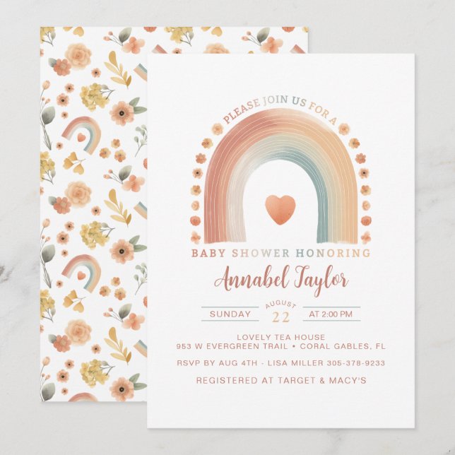 Invitation au Baby shower arc-en-ciel Boho - Eau t (Devant / Derrière)