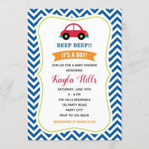 Invitation au Baby shower automobile (Blue Red Gre