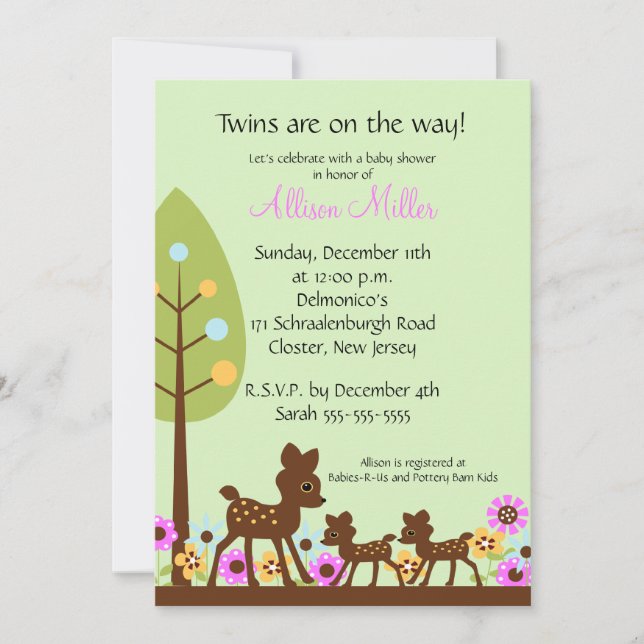 Invitation au Baby shower Baby Deer TWINS (Devant)