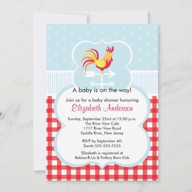 Invitation au Baby shower Barnyard Rooster (Devant)
