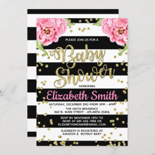Invitation au Baby shower Black & White Peony