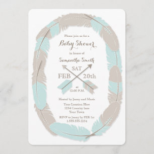 Invitation au Baby shower Bleu Boho Feather and Ar