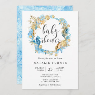 Invitation au Baby shower bleu et or de la mer