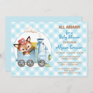 Invitation au Baby shower bleu Fox et Train En vic