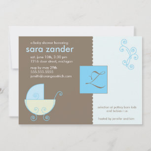 Invitation au Baby shower bleu Monogramme