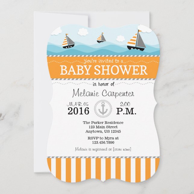 Invitation au Baby shower bleu orange (Devant)