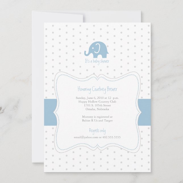 Invitation au Baby shower Blue Elephant Polkadot (Devant)