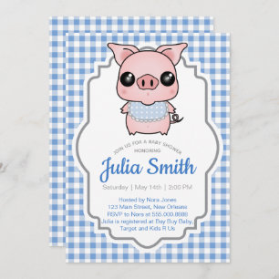 Invitation au Baby shower Blue En vichy Piggy
