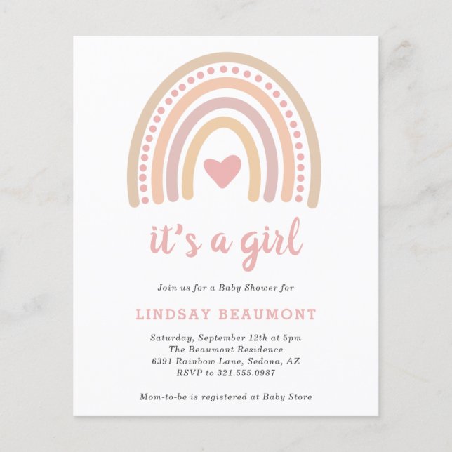 Invitation au Baby shower Budget Arc-en-ciel Girl  (Devant)