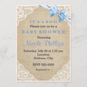 Invitation au Baby shower Burlap Lace & Blue Bow