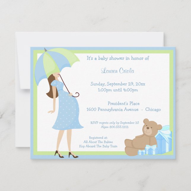 Invitation Au Baby shower Cadeau Bleu Et Ours Tedd (Devant)