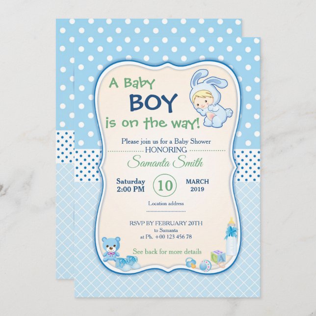invitation au baby shower, c'est un garçon (Devant / Derrière)