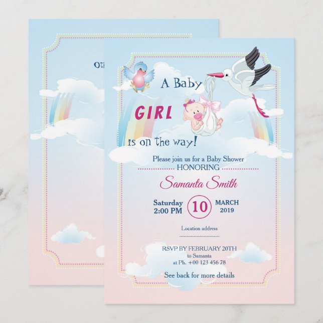 invitation au baby shower, c'est une fille (Devant / Derrière)