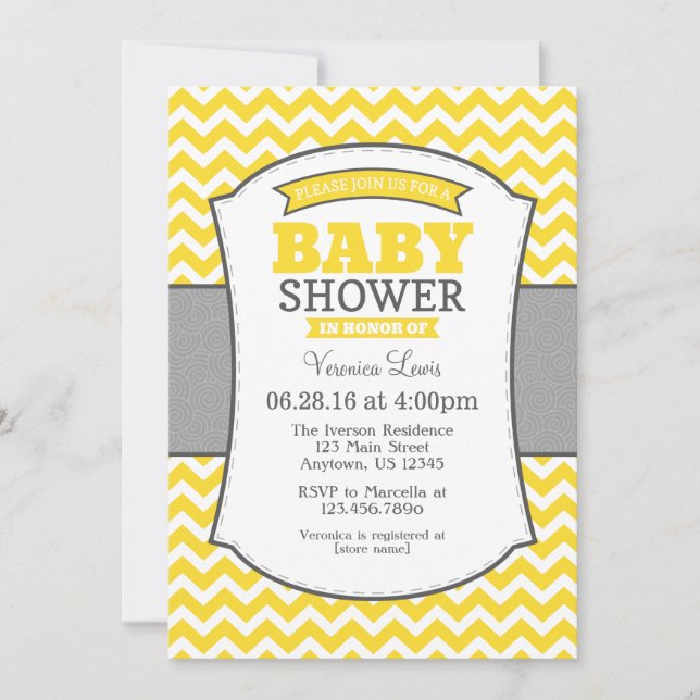 Invitation au Baby shower Chevron gris jaune (Devant)