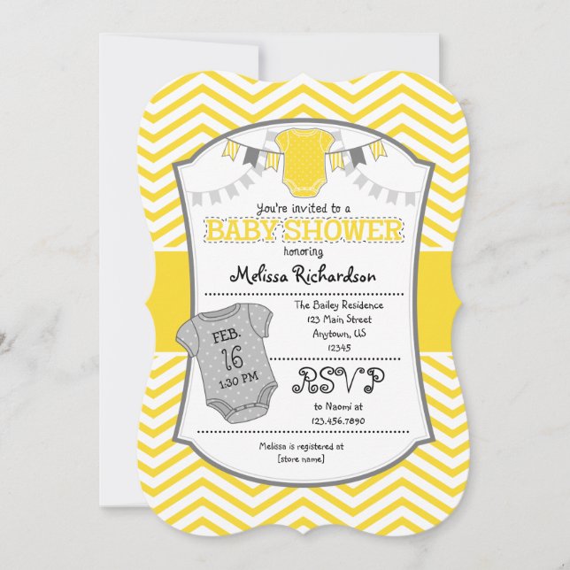 Invitation au Baby shower Chevron gris jaune (Devant)