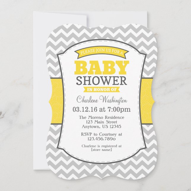 Invitation au Baby shower Chevron gris jaune (Devant)