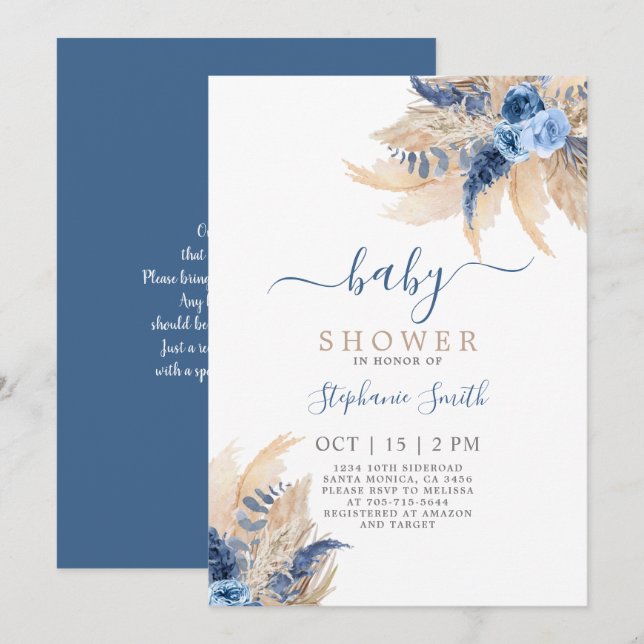 Invitation au Baby shower chic Blue Pampas Grass B (Devant / Derrière)