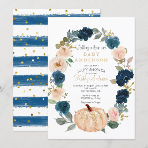 Invitation au Baby shower Citrouille bleu et blanc