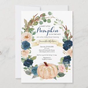 Invitation au Baby shower Citrouille bleu et blanc