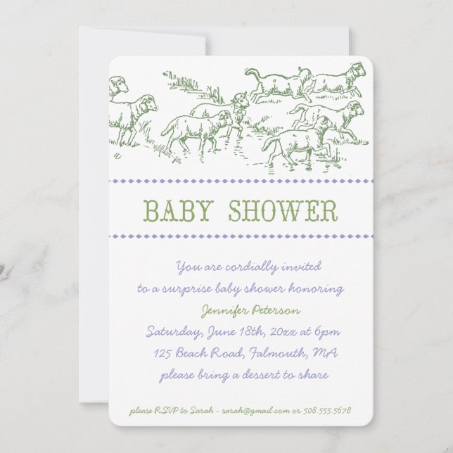Invitation au Baby shower d'agneau vert - unisex (Devant)