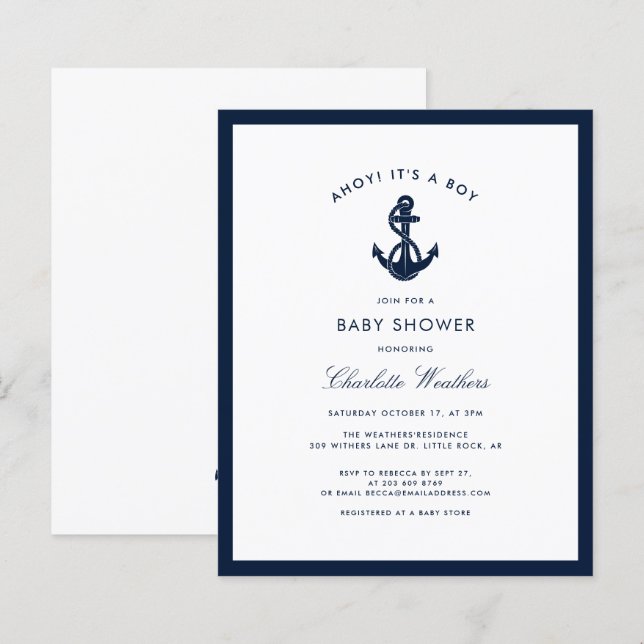 Invitation au Baby shower d'Ancre bleu marine (Devant / Derrière)