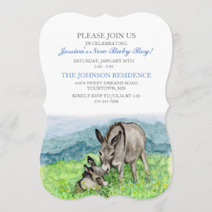 Invitation au Baby shower d'ânes miniature