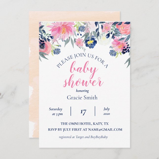 Invitation au Baby shower d'aquarelle Blush et Nav (Devant / Derrière)