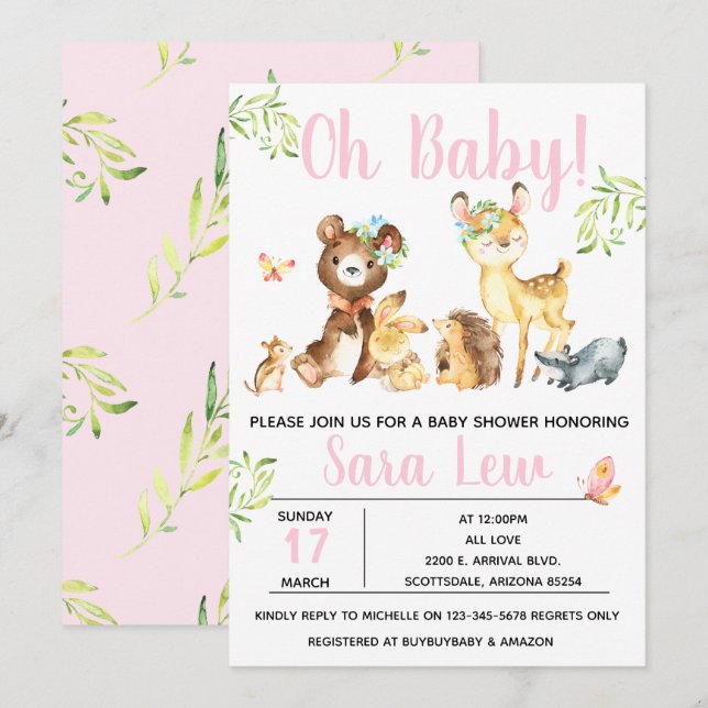 Invitation au Baby shower d'aquarelle de la forêt  (Devant / Derrière)