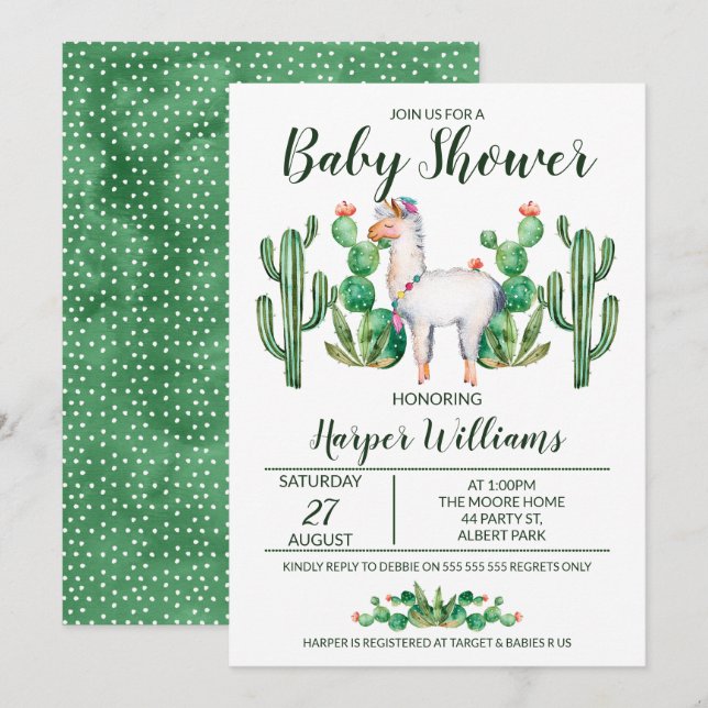 Invitation au Baby shower d'aquarelle Fiesta Llama (Devant / Derrière)