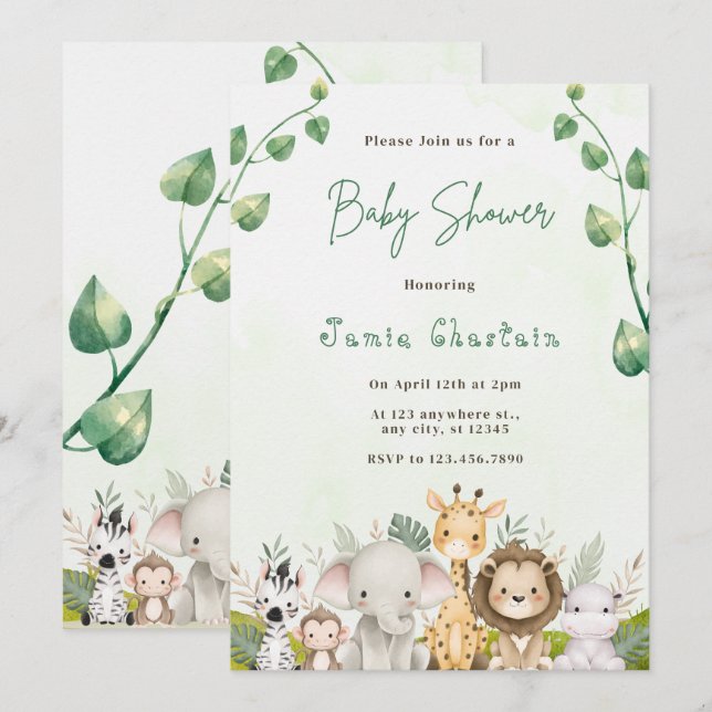 Invitation au Baby shower d'aquarelle verte et bla (Devant / Derrière)