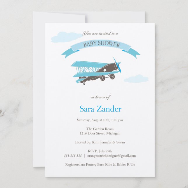 Invitation au Baby shower d'avion - Bleu et Brown (Devant)