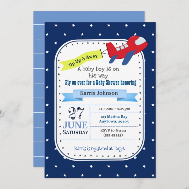 Invitation au Baby shower d'avion Rouge et Navy Bl (Devant / Derrière)