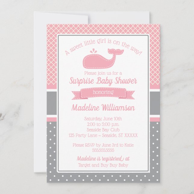 Invitation au Baby shower de baleine rose Preppy (Devant)