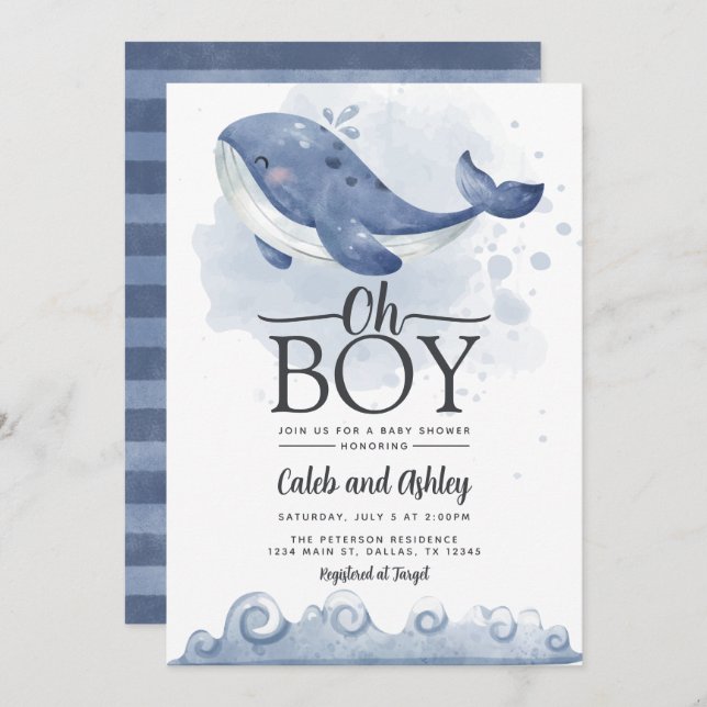 Invitation au Baby shower de baleines nautiques (Devant / Derrière)