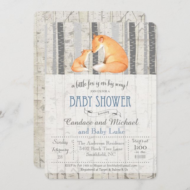 Invitation au Baby shower de Birch de Little Fox (Devant / Derrière)