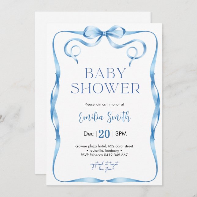 Invitation au Baby shower de Bleu Bow (Devant / Derrière)