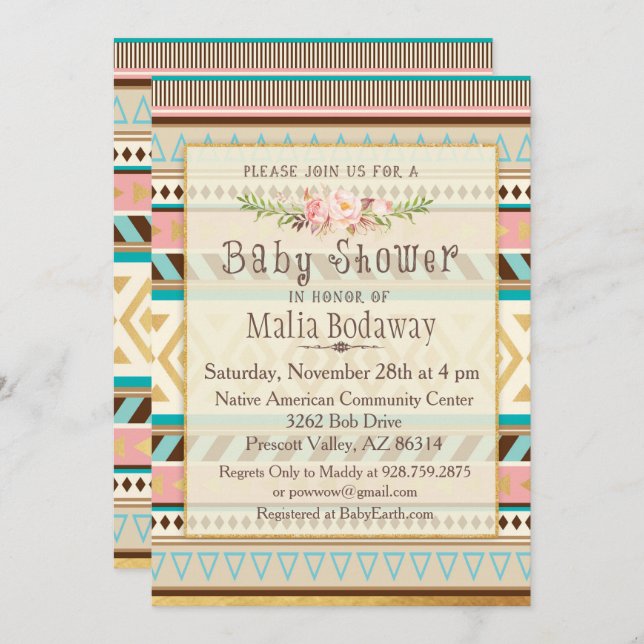 Invitation au Baby shower de Boho Tribal (Devant / Derrière)