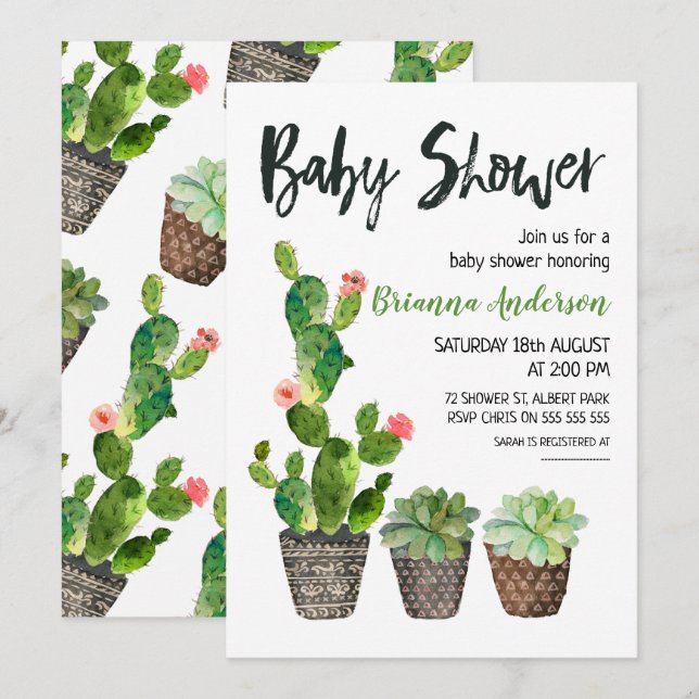 Invitation au Baby shower de Cactus pointillé (Devant / Derrière)