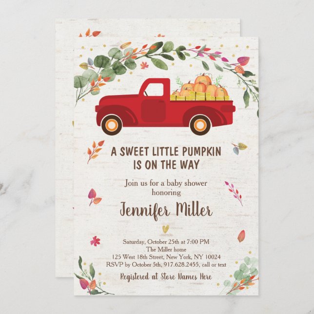 Invitation au Baby shower de camion Citrouille d'a (Devant / Derrière)