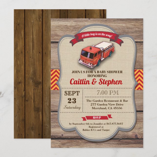 Invitation au baby shower de camion de pompiers. R (Devant / Derrière)