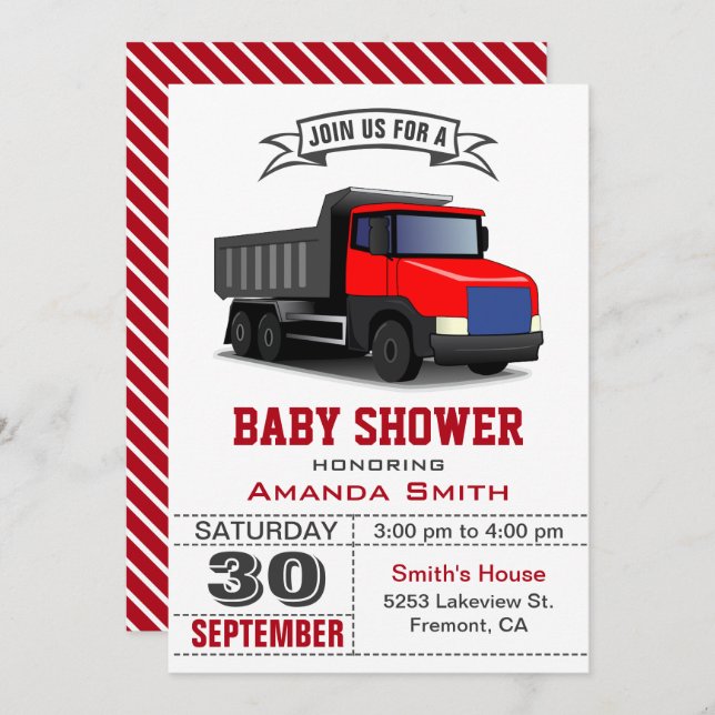 Invitation au Baby shower de camion rouge (Devant / Derrière)