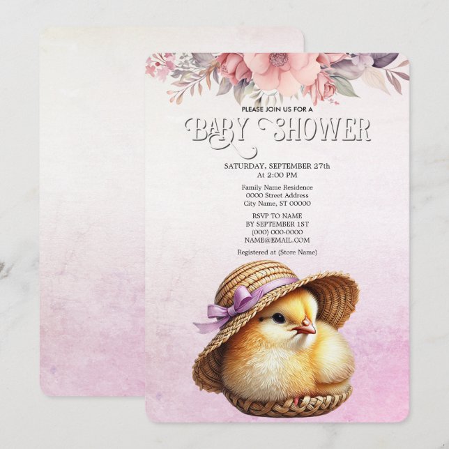 Invitation au Baby shower de carbone rose petit po (Devant / Derrière)