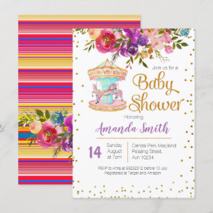 Invitation au Baby shower de carousel rose